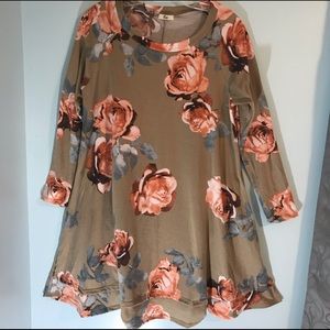 Egy Tan Pink Roses Floral Swing Dress A line